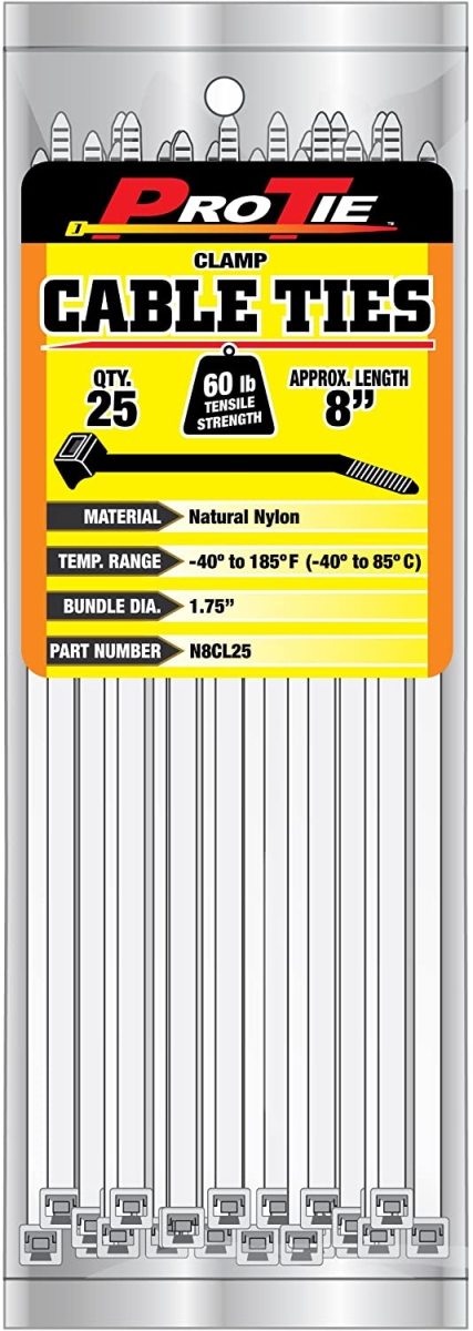 8 in. Clamp Cable Tie, Natural - Pack of 25