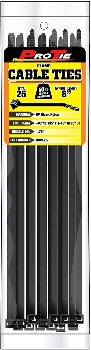8 in. Clamp Cable Tie, UV Black - Pack of 25