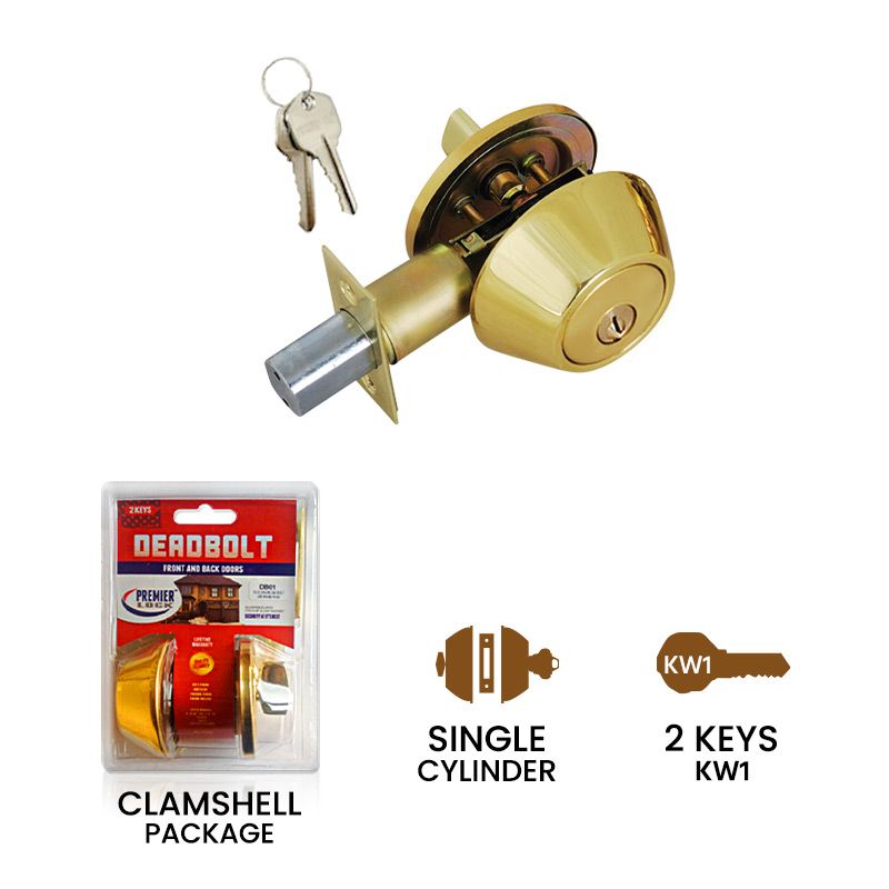 Solid Brass Deadbolt Door Lock with 2 KW1 Keys-Carded