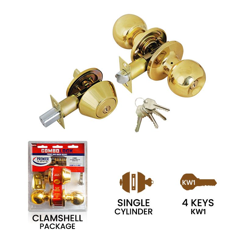 ED01 Solid Brass Entry Door Knob Combo Lock Set with Deadbolt & 4 KW1 Keys, Carded - Brass Finish