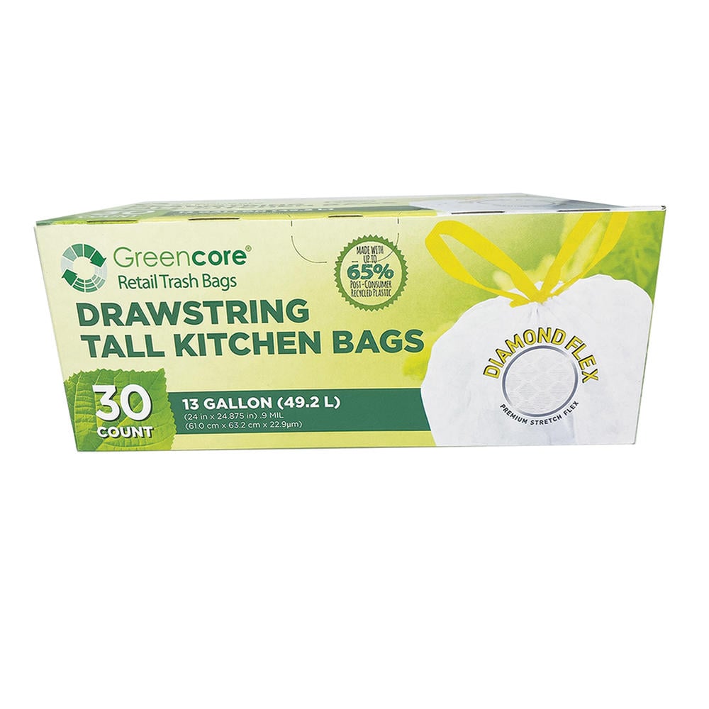 Perk Drawstring Tall Kitchen Trash Bags | 13 Gal | 0.9 Mil | 28 x 24 | White | 120/Box