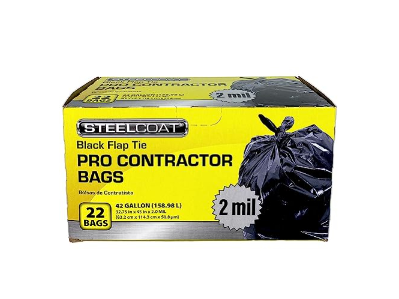 42 gal 2 Mil Steel Coat Black Pro Contractor Flap Tie Bags - 22 Count
