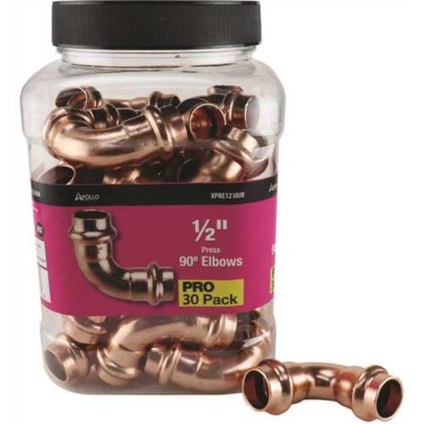 1/2 in. x 1/2 in. Copper 90-Degree Press x Press Elbow Jar (30-Pack), 30PK