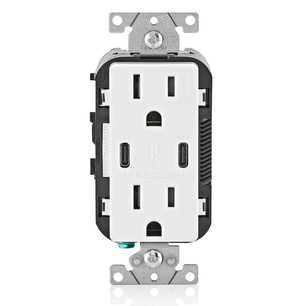 Leviton R02-T5637-0BW Decora White 15A Tamper Resistant Duplex Outlet with 2 USB Charger Type A&C