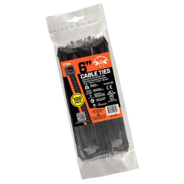 CTB6 6 in. Black Nylon Cable Ties - 50 lbs Strength - Pack of 100