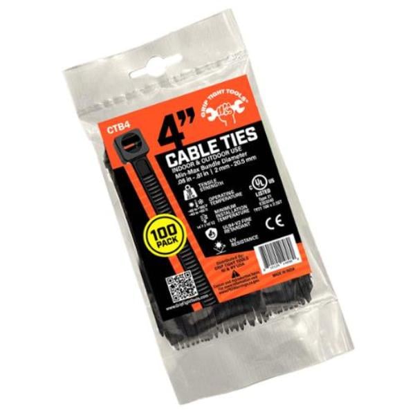 CTB4 4 in. Black Nylon Cable Ties - 50 lbs Strength - Pack of 100