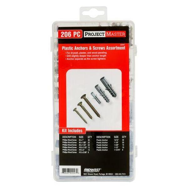 Midwest Fastener MF22247 Plastic Anchor Screw Kit, Assorted Color - 206 Piece