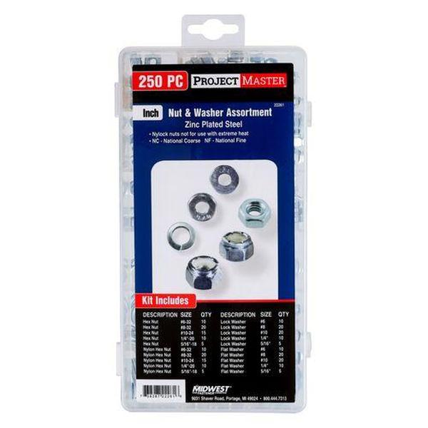 Midwest Fastener MF22261 Inch Hex Nut & Washer Kit, Silver - 250 Piece