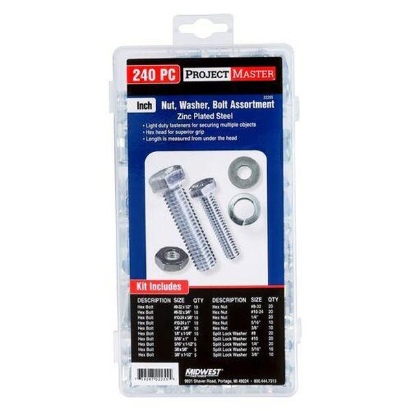 Midwest Fastener MF22255 Inch Nut Washer Bolt Zinc Kit, Silver - 240 Piece