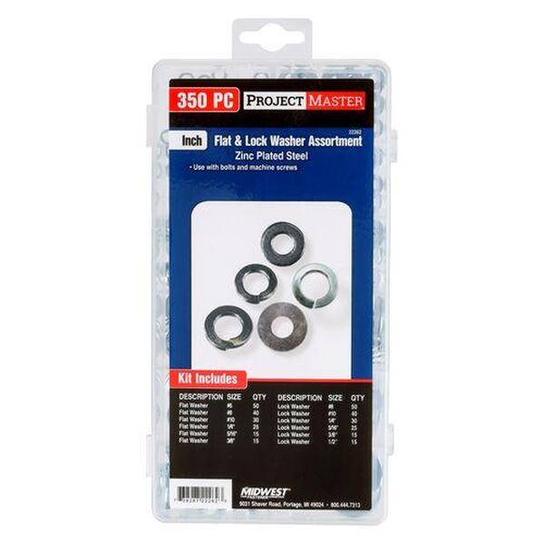 Midwest Fastener MF22262 Inch Flat & Lock Washer Kit, Silver - 350 Piece