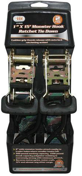 74935 Monster Hook Ratchet Tie Down, 1 x 15 in. - Pack of 2