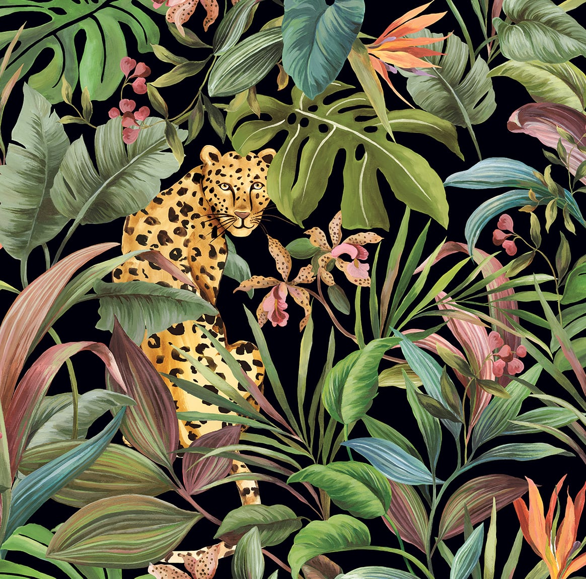 27 in. x 18 ft. Tropical Leopard Peel & Stick Wallpaper, Gloss Black