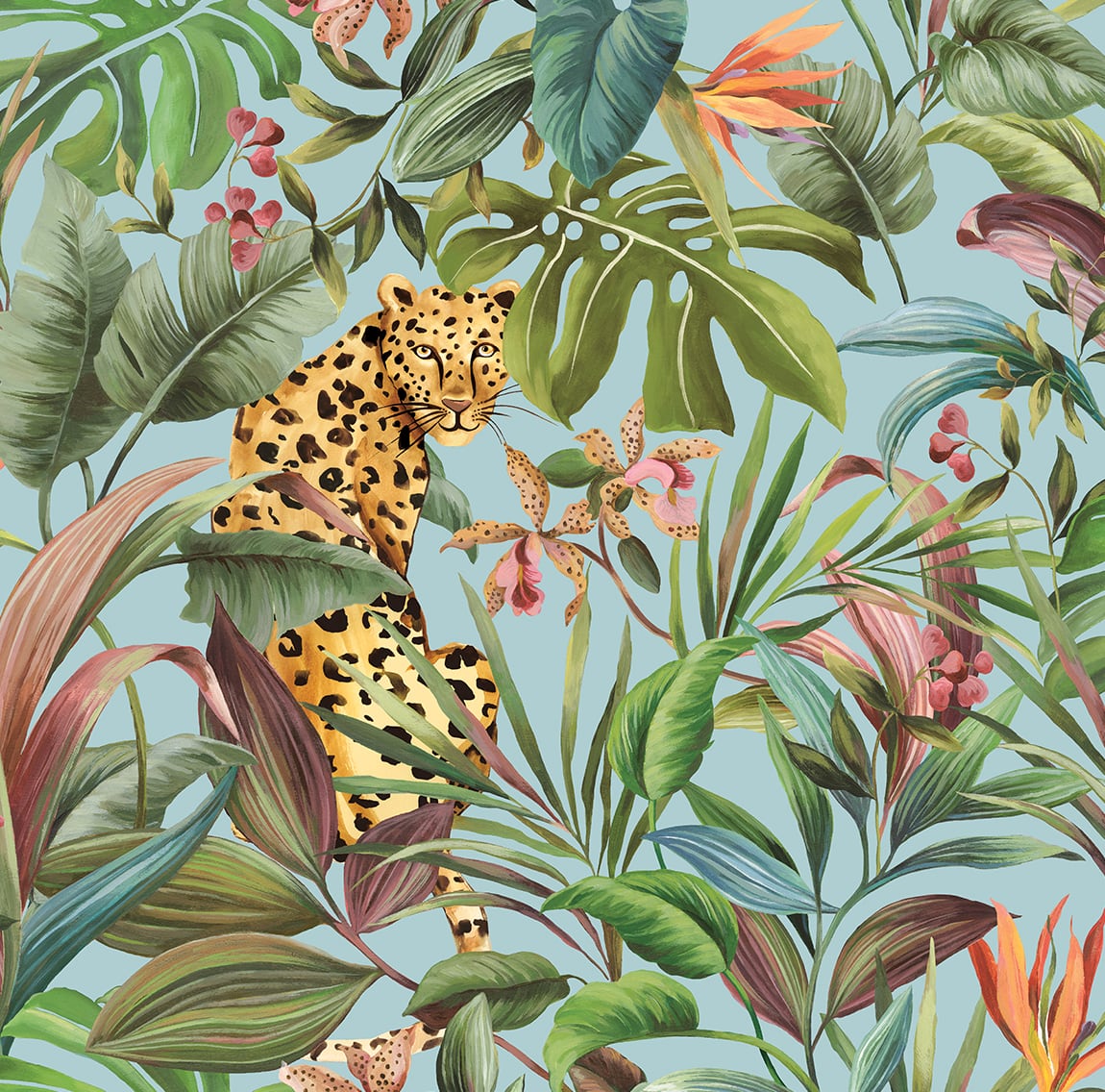 27 in. x 18 ft. Tropical Leopard Peel & Stick Wallpaper, Gloss Blue