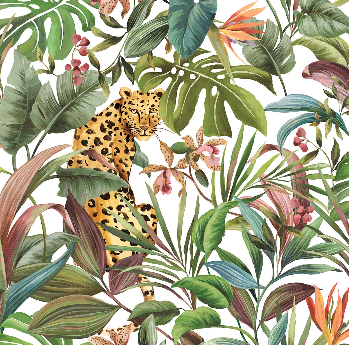 27 in. x 18 ft. Tropical Leopard Peel & Stick Wallpaper, Gloss White