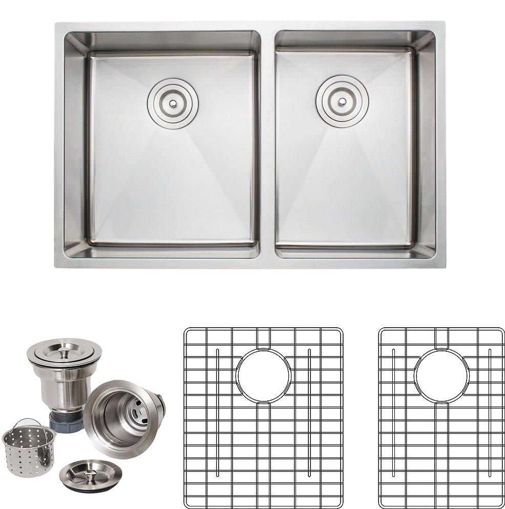 30 in. Handcrafted 16 Gauge Undermount 5-4 Double Bowl Stainless Steel Kitchen Sink with Grid Racks & Basket Strainers -  Desorden, DE3264926