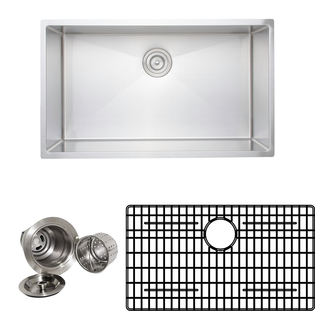 32 in. Handcrafted 16 Gauge Undermount Single Bowl Stainless Steel Kitchen Sink with Grid Racks & Basket Strainers -  Desorden, DE2163657