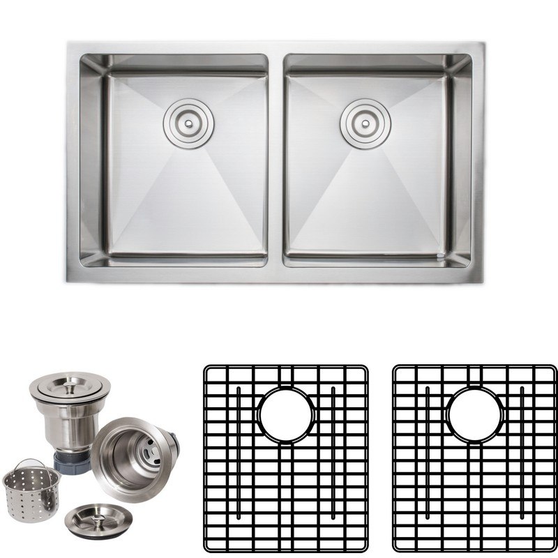 33 in. 16-Gauge Handcrafted Apron Front Farmhouse 50-50 Double Bowl Stainless Steel Kitchen Sink with Grid Racks & Basket Strainers -  Desorden, DE2072995