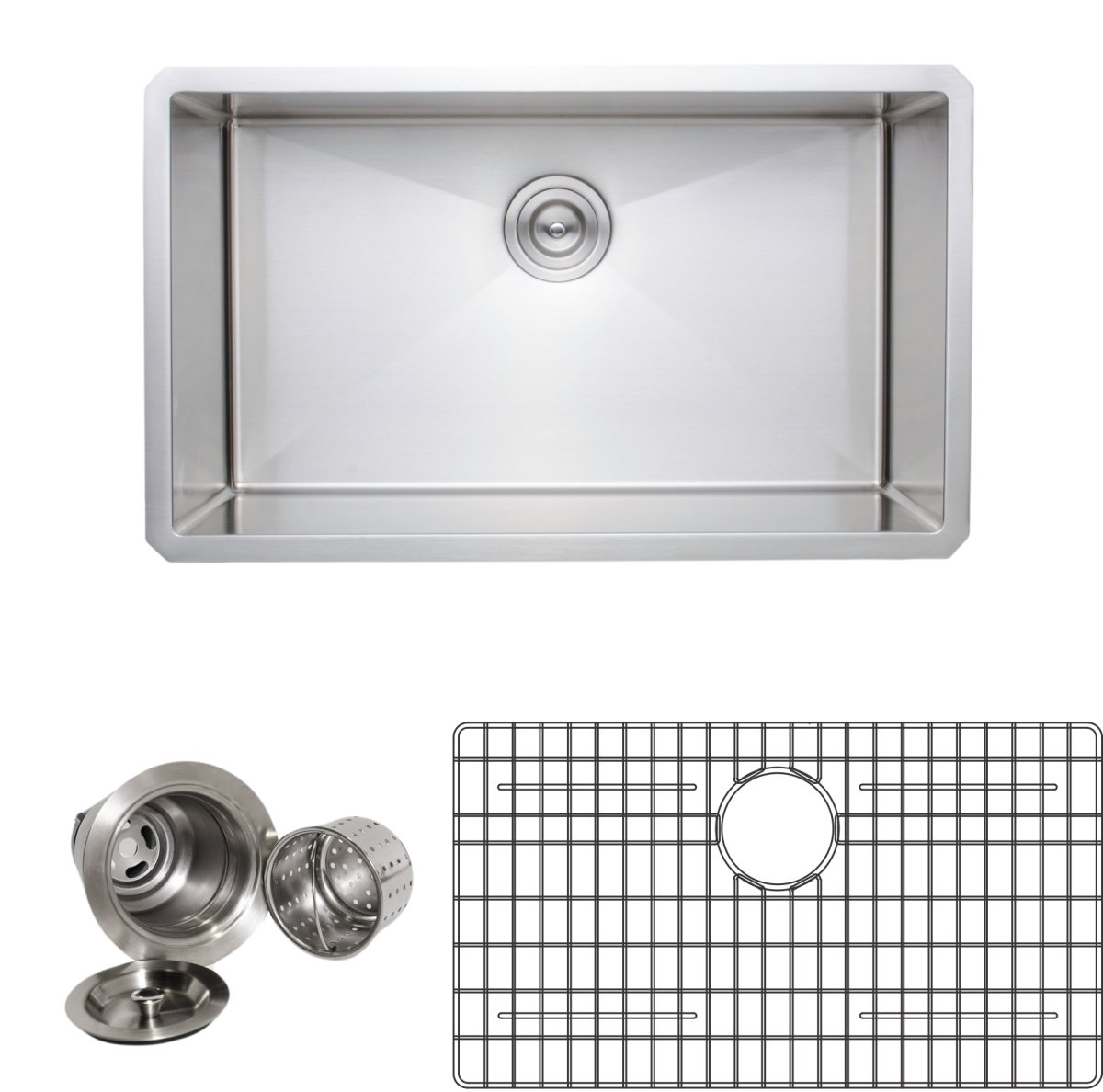 NCU3018-10-1 30 in. Handcrafted 16 Gauge Undermount Single Bowl Stainless Steel Kitchen Sink with Grid Racks & Basket Strainers -  Wells Sinkware