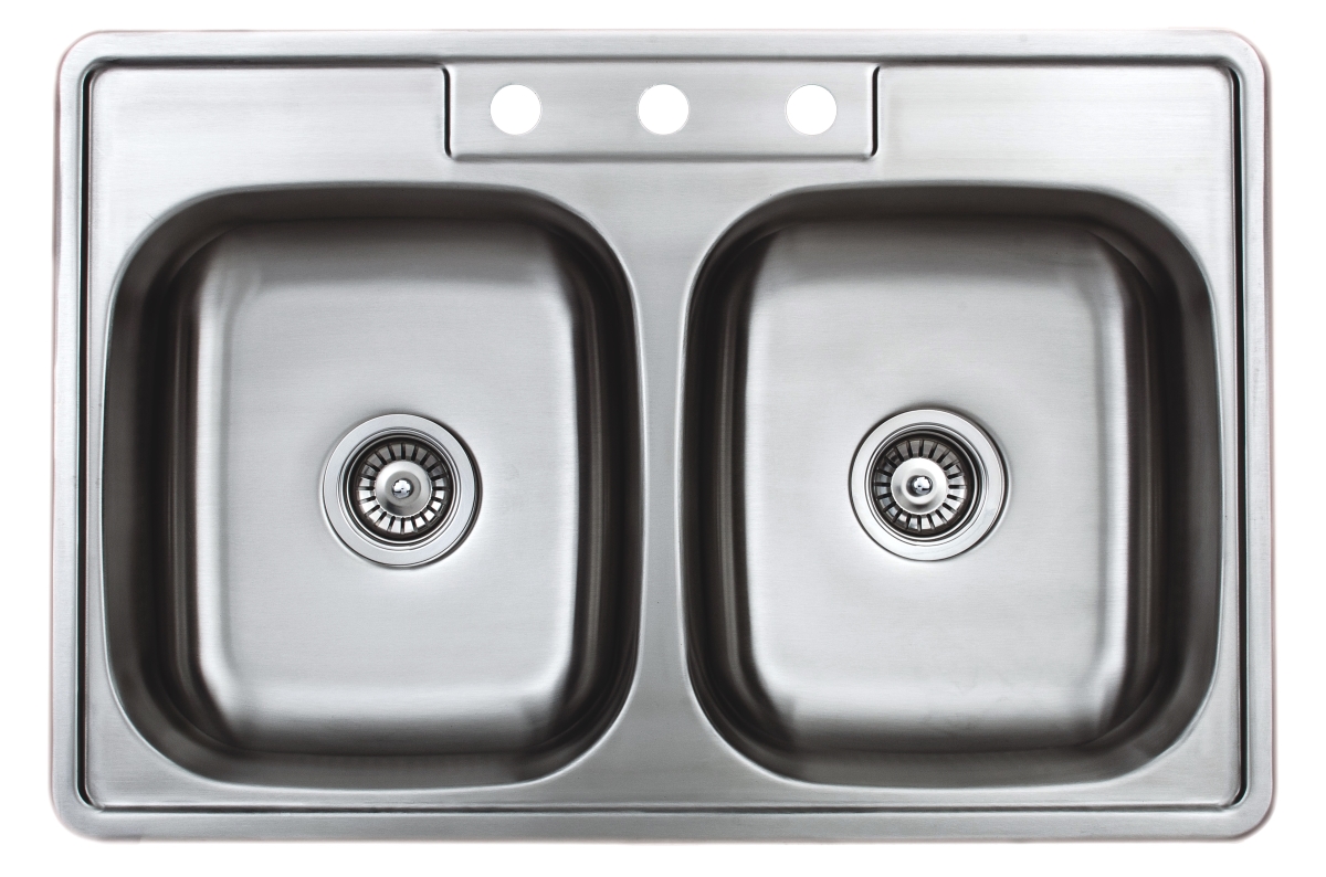 SST3322-55-ADA-1 33 in. 20 Gauge Drop-in 3-Hole 50-50 Double Bowl ADA Compliant Stainless Steel Kitchen Sink with Strainers -  Wells Sinkware