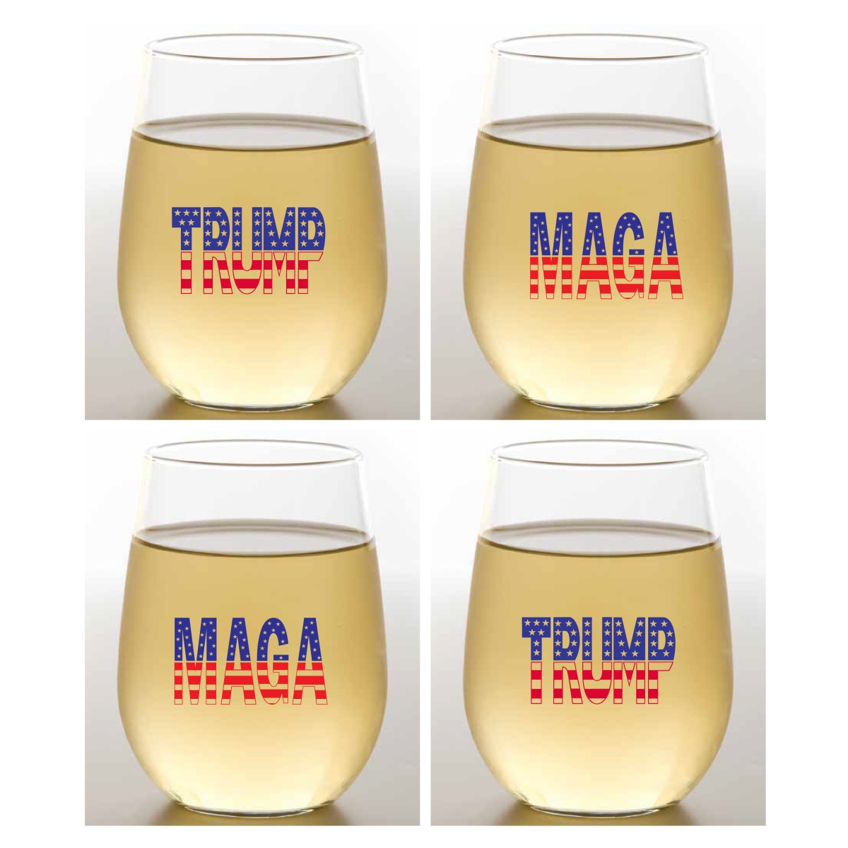 Picture of Wine-Oh! WINEST16-TRP Set of 4 TRUMP / MAGA Unbreakable 16 oz Tritan Plastic Stemless Wine Glasses&#44; Made in the USA&#44; Dishwasher Safe
