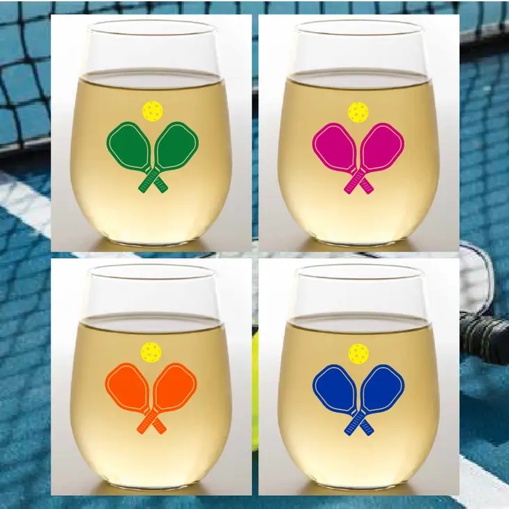 Picture of Wine-Oh! WINEST16-PBP Set of 4 PICKLEBALL Unbreakable 16 oz Tritan Plastic Stemless Wine Glasses&#44; Made in the USA&#44; Dishwasher Safe