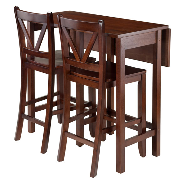 35.43 x 39.37 x 30 in. Lynnwood Drop Leaf Table with 2 Counter V-Back Stools, Walnut - 3 Piece