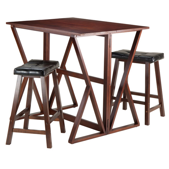 36.22 x 39.37 x 31.5 in. Harrington Drop Leaf High Table with 2 - 24 in. Cushion Saddle Seat Stools, Antique Walnut - 3 Piece