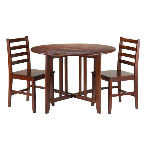 29.65 x 41.97 x 41.97 in. Alamo Round Drop Leaf Table with 2 Hamilton Ladder Back Chairs, Walnut - 3 Piece