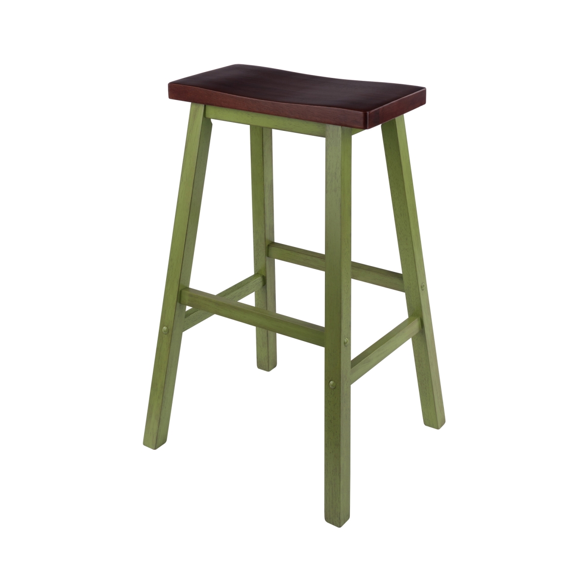64089  Satori Saddle Seat Bar Stool, Rustic Green and Walnut Finish