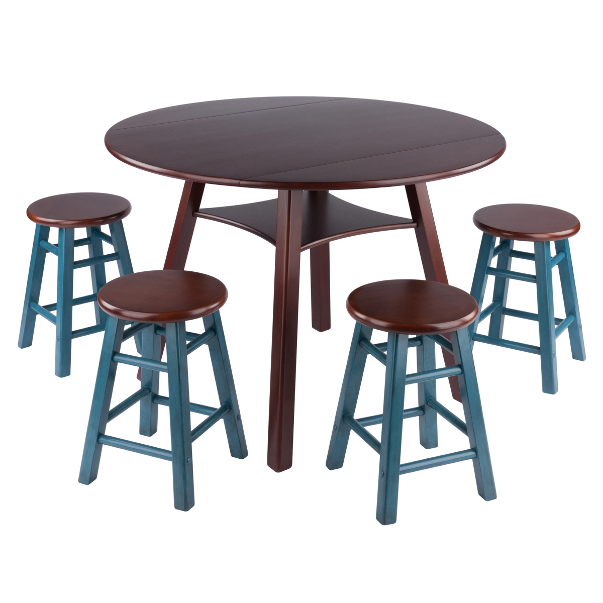 94562 Marbelle Table 5-Pc Drop Leaf Dining Table, Walnut Finish, with 4 Element 18 Dining Stools, Walnut Rustic Teal Finish