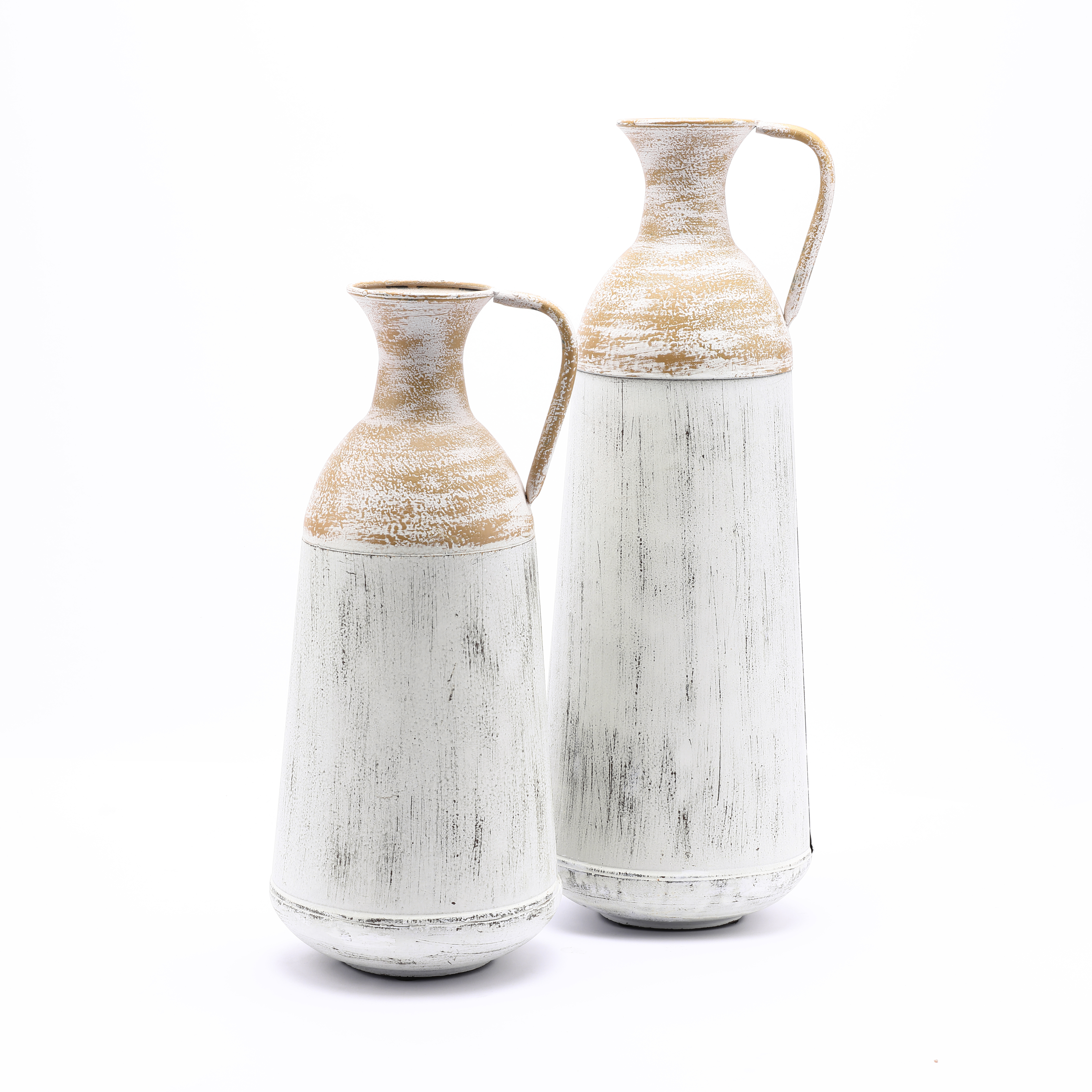 Picture of LuxenHome Set of 2 Distressed Off White and Rustic Brown Metal Pitcher Vase