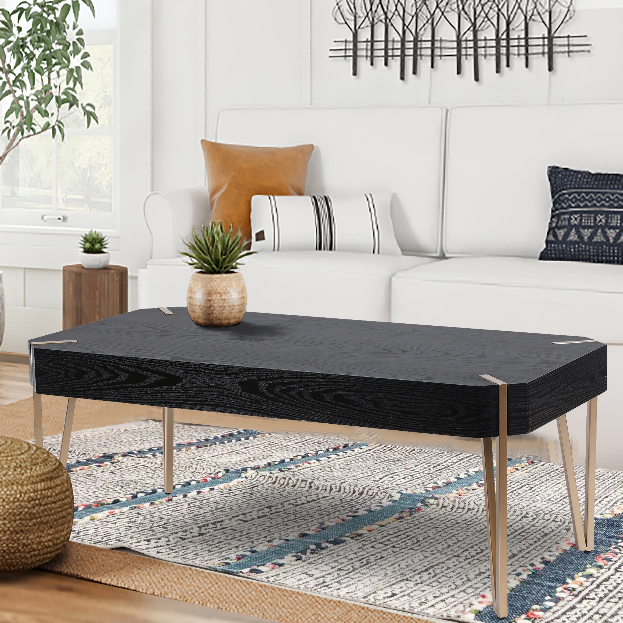 LuxenHome 46.13  in. Wide  Black Wood Veneer and Gold Metal Coffee Table -  WHIF787