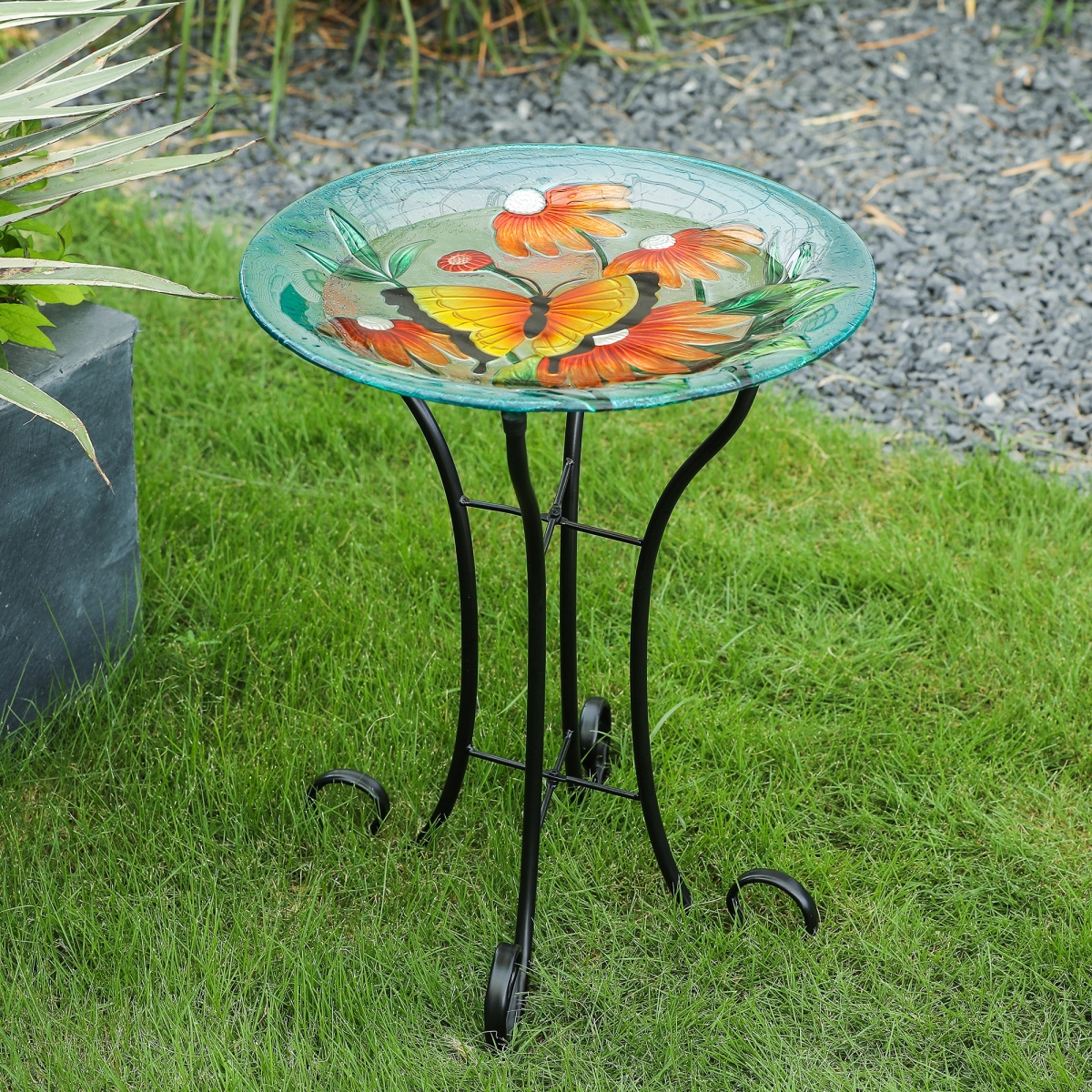 Picture of Luxen Home Butterfly and Flowers Glass Bird Bath with Metal Stand
