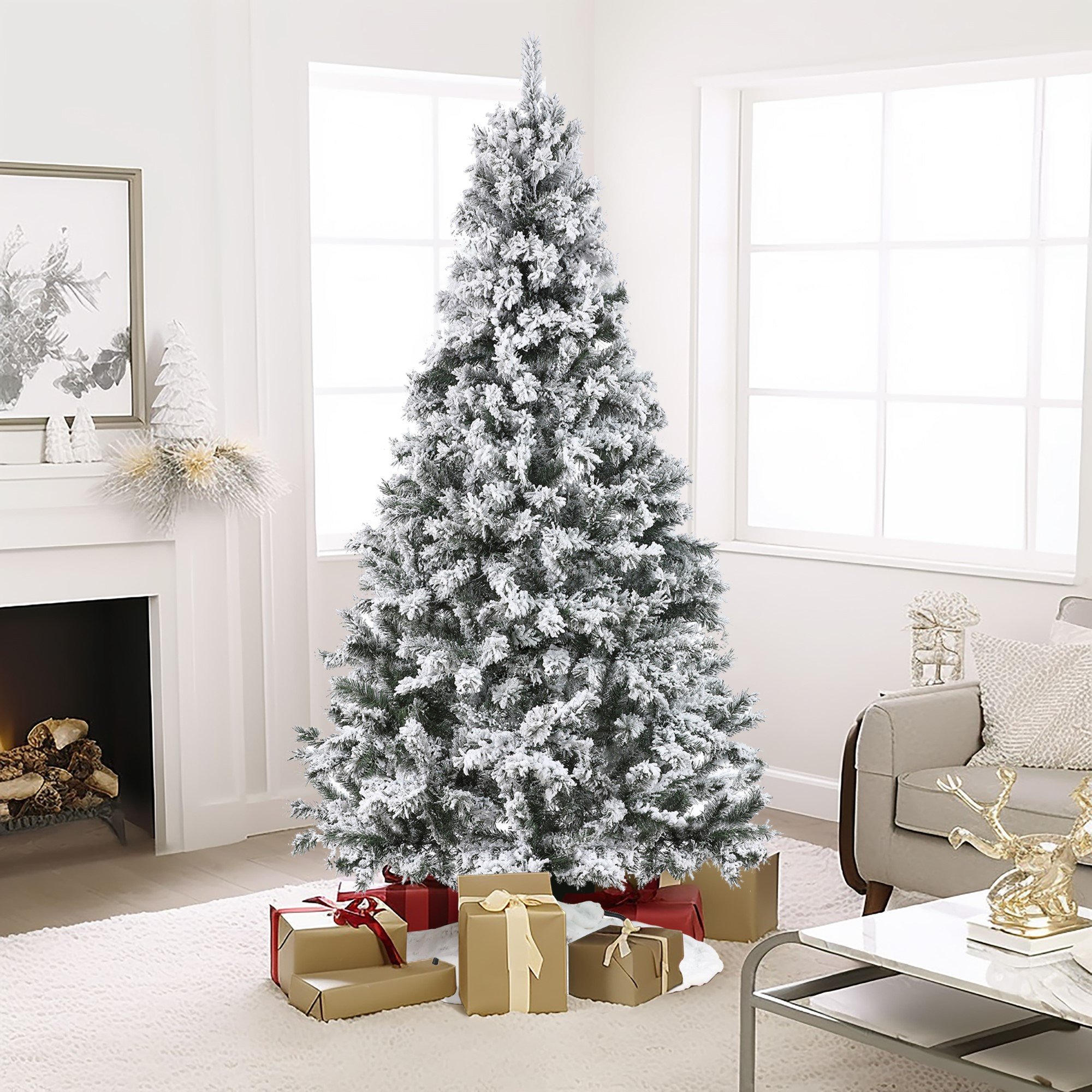 7.2Ft Pre-Lit Snow-Flocked Full Artificial Christmas Tree with Metal Stand -  LuxenHome, WHAP1403