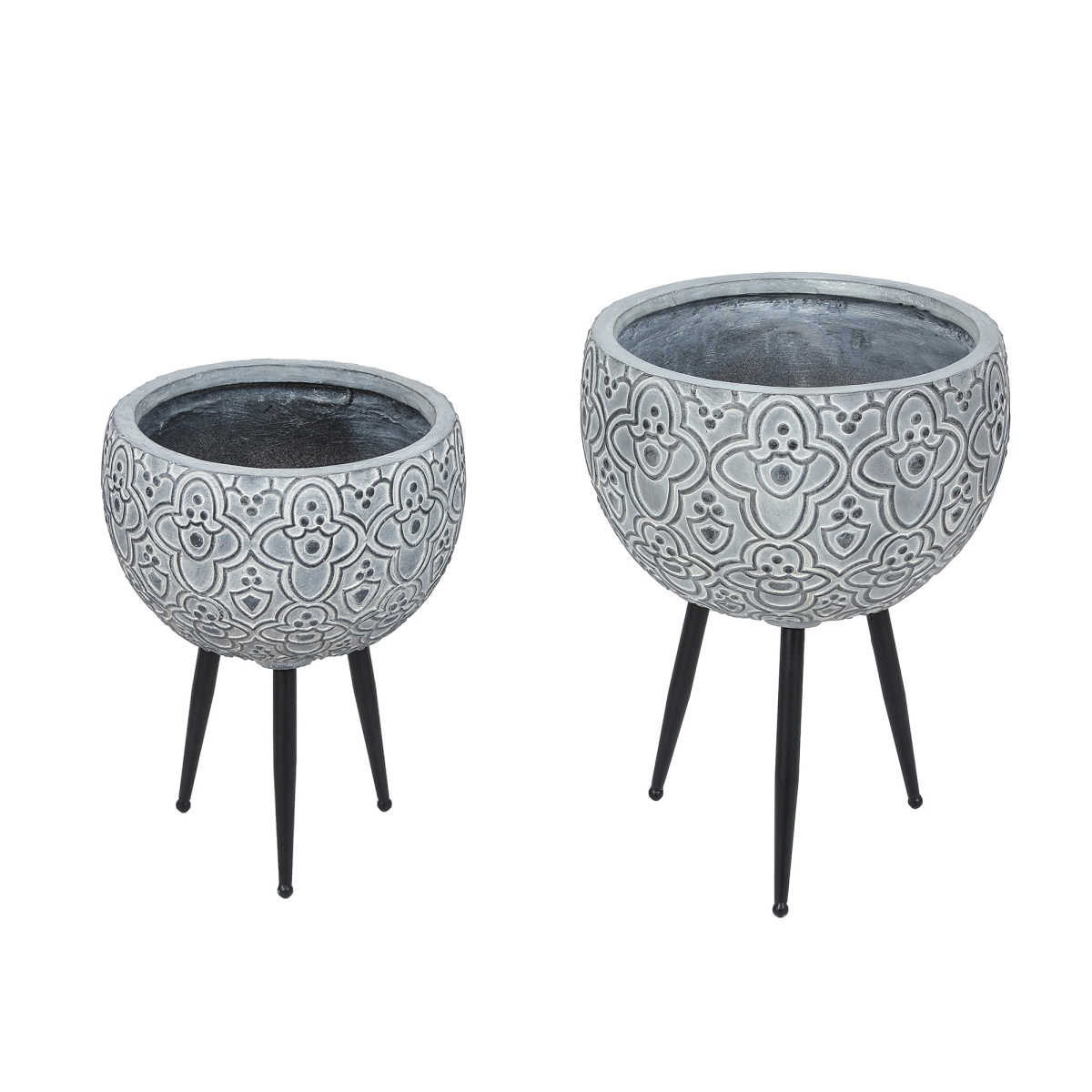 WHPL1300 Floral Round MgO Planters with Black Metal Legs, Gray - Set of 2 -  Luxen Home