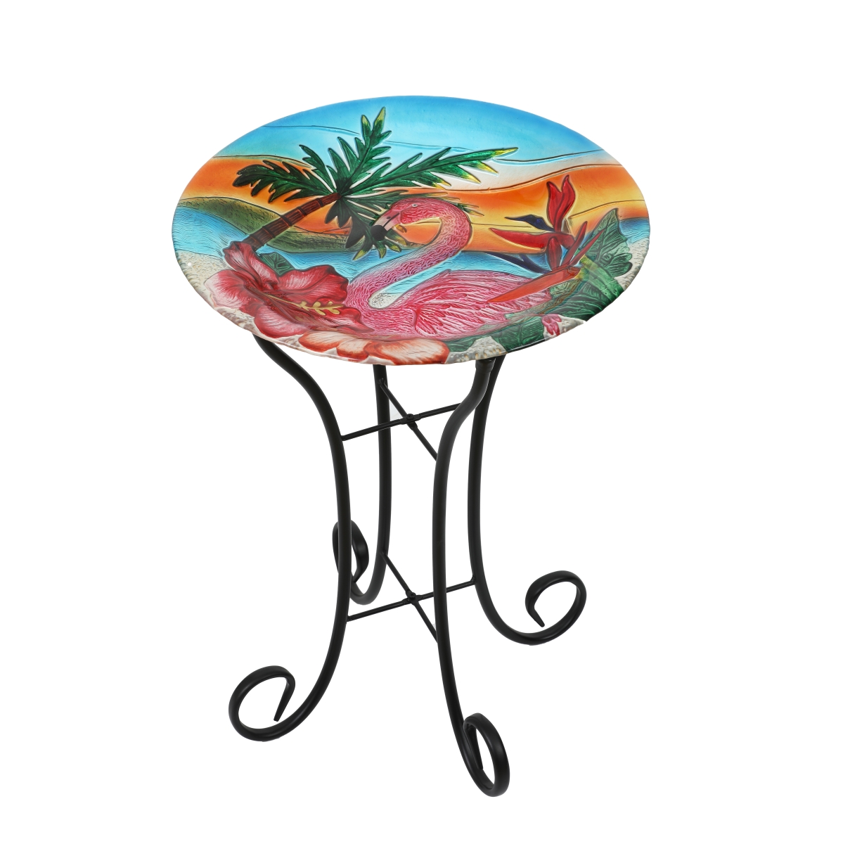 Picture of Luxen Home WHP1520 Flamingo Glass Bird Bath with Metal Stand