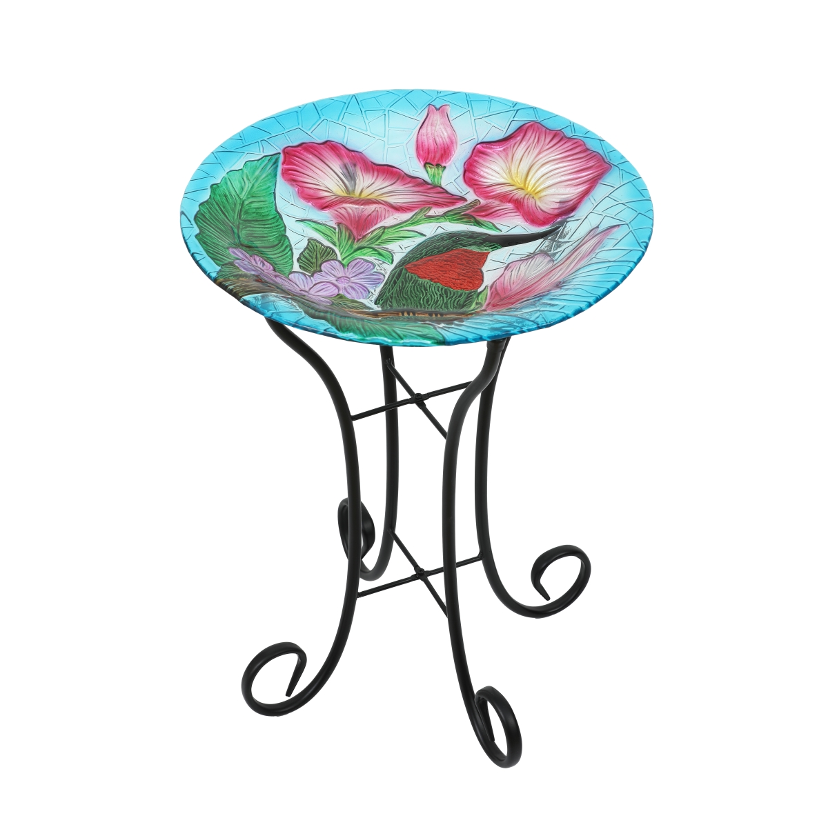 Picture of Luxen Home WHP1521 Hummingbird Floral Glass Bird Bath with Metal Stand