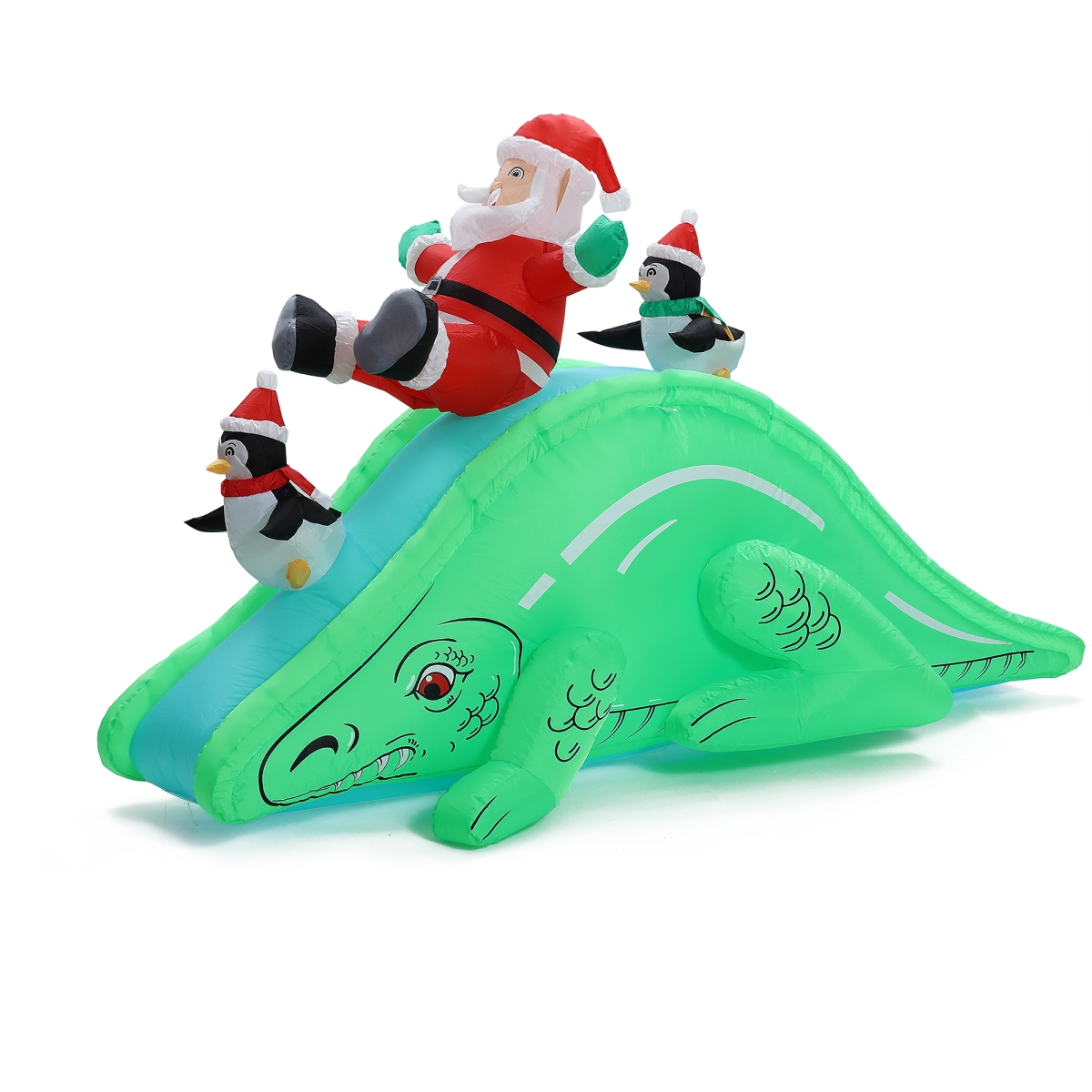 Picture of LuxenHome WHIN1848 LuxenHome Santa and Penguins Trio Sliding on a Dinosaur Inflatable Holiday Decoration