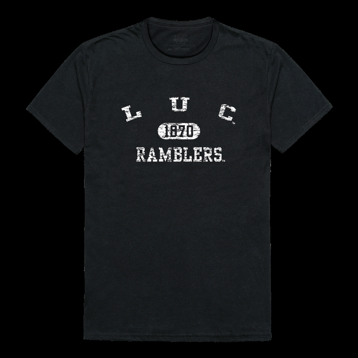 574-333-BLK-02 Loyola University, Chicago Ramblers Distressed Arch College T-Shirt, Black - Medium -  W Republic