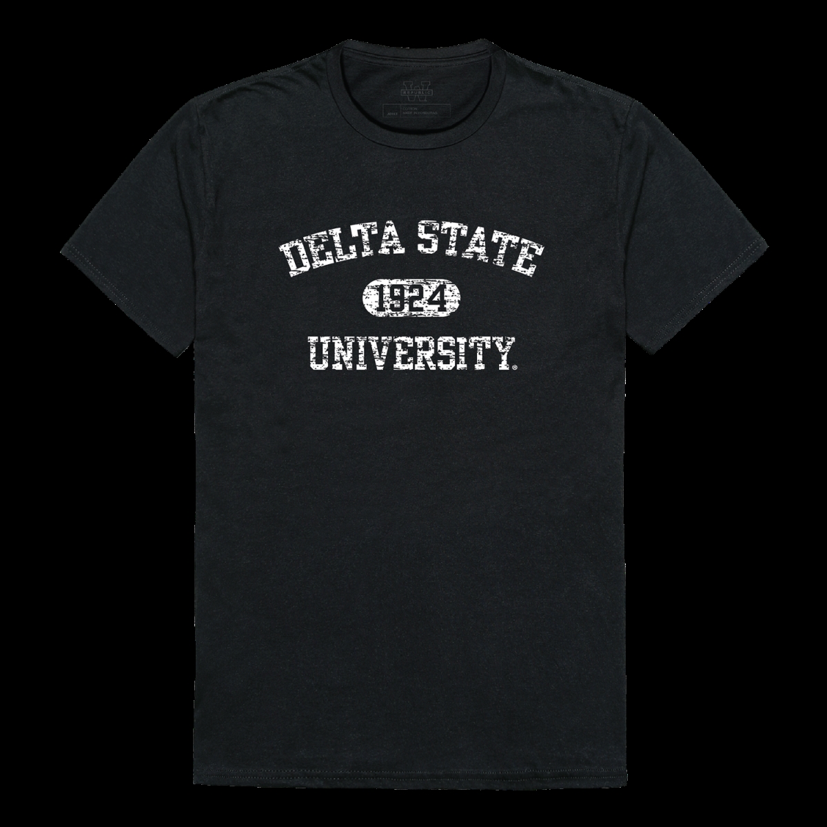 574-289-BLK-02 Delta State University Statesman Distressed Arch College T-Shirt, Black - Medium -  W Republic