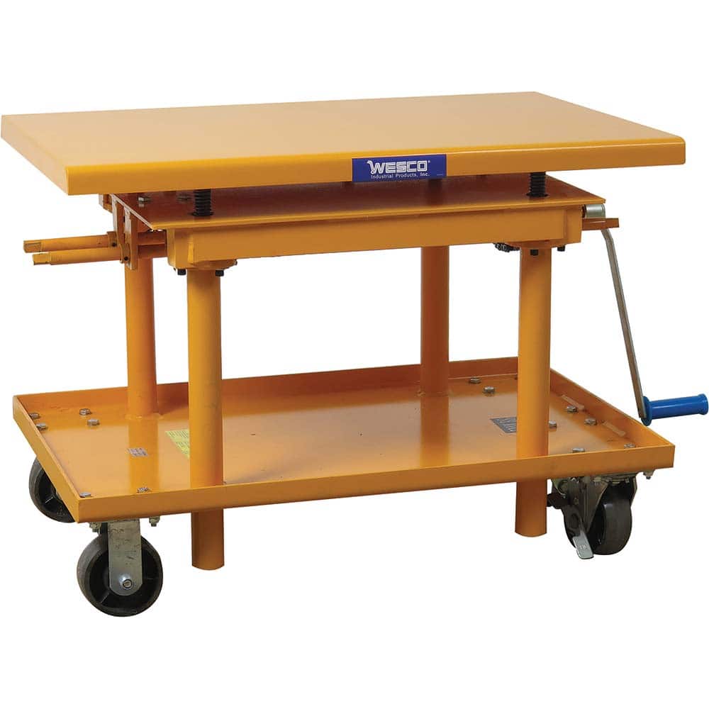 Wesco Industrial 274681 30 x 48 in. Hand Crank Operated Mechanical Post Lift Table with Polyurethane Wheels