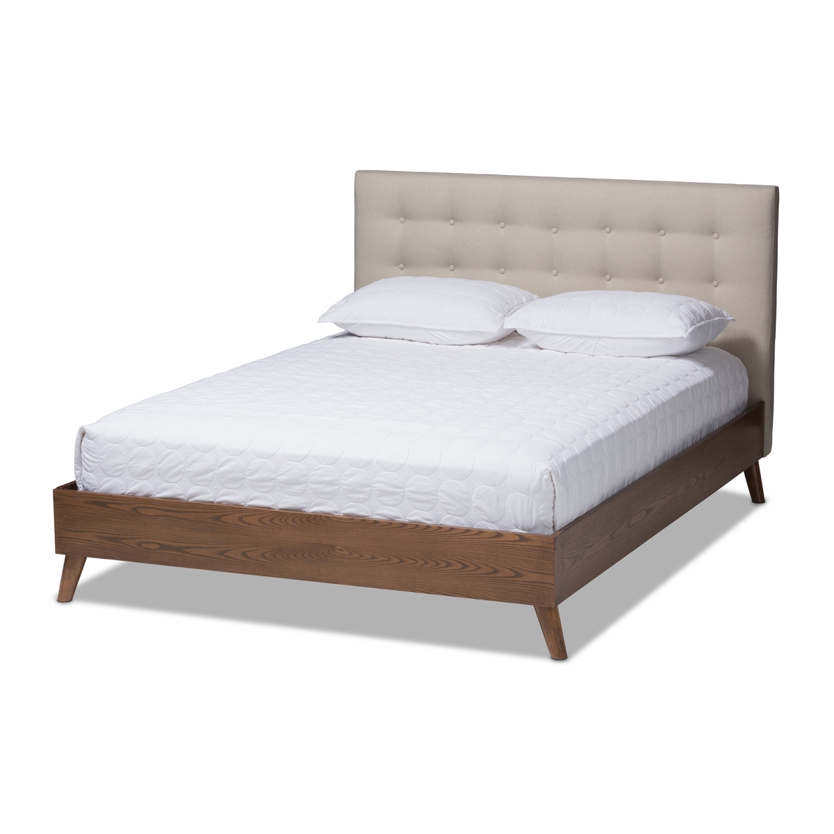 BBT6729-Light Beige-King Alinia Mid-century Retro Modern Light Beige Fabric Upholstered Walnut Wood King Size Platform Bed -  Baxton Studio, 842507135232