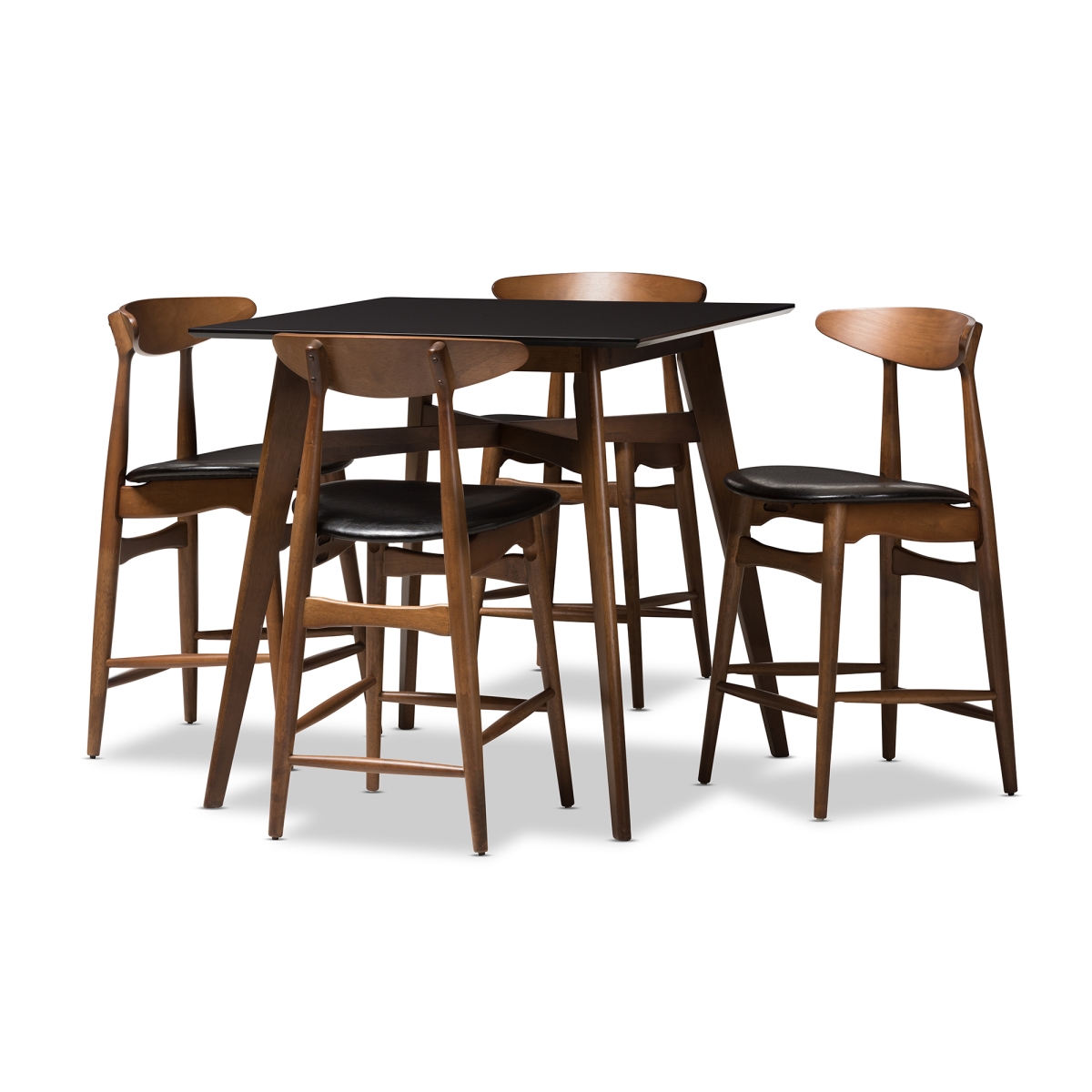 Picture of Baxton Studio Flora-Black-Walnut-5PC Pub Set Flora Mid-Century Modern Black Faux-Leather Upholstered Walnut Finished - 5 Piece Pub Set