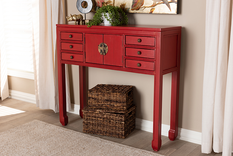 Picture of Baxton Studio MIN22-Red-ST 33.46 x 37.8 x 11.81 in. Melodie Classic & Antique Finished Wood Bronze Finished Accents 6 Drawer Console Table - Red