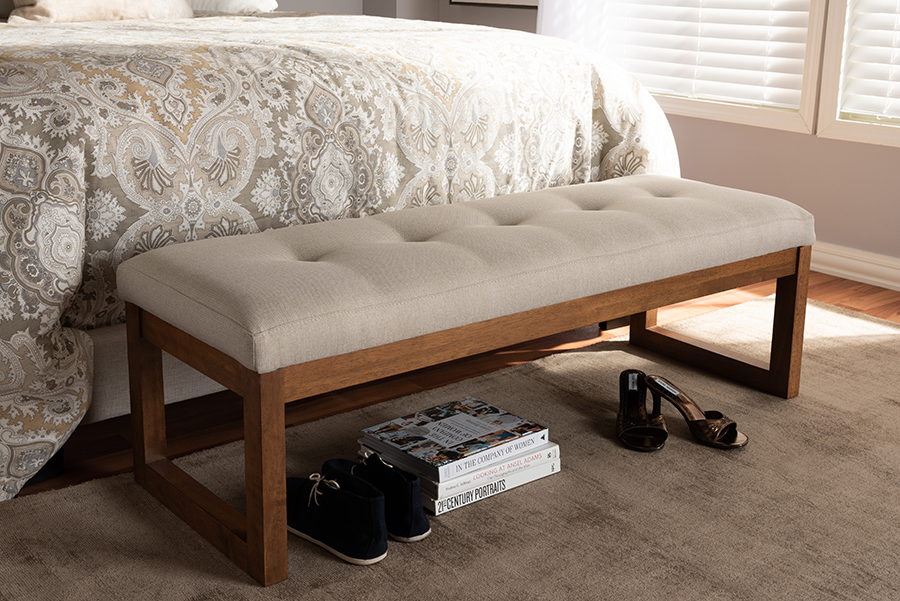 BBT5337-Light Beige-Bench 17.32 x 52.17 x 18.9 in. Caramay Modern & Contemporary Fabric Upholstered Walnut Brown Finished Wood Bench - Light Beige -  Baxton Studio, 842507135607