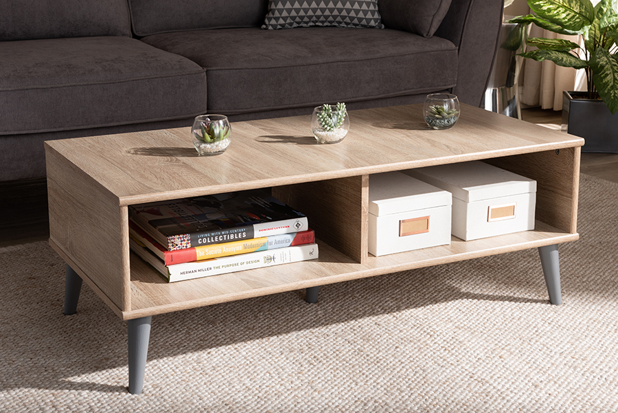 SECFT3001-Hana Oak&Light Grey-CT 14.17 x 39.37 x 18.9 in. Pierre Mid Century Modern Wood Coffee Table - Oak Brown & Dark Grey -  Baxton Studio, 842507136802