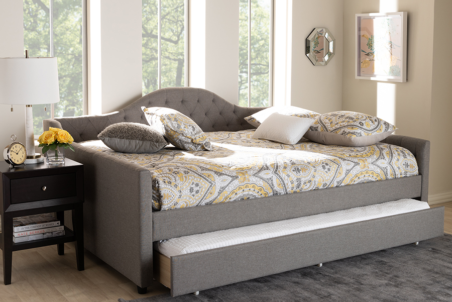 CF8940-Grey-Daybed-Q&T 31.3 x 86.22 x 63.78 in. Eliza Modern & Contemporary Fabric Upholstered Daybed with Trundle - Grey, Queen Size -  Baxton Studio, 842507146016