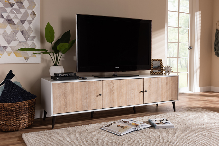 SE TV9011WI-WH & HO Bastien Mid-Century Modern 6 Shelf TV Stand - White & Light Oak Brown -  Baxton Studio, 842507157494