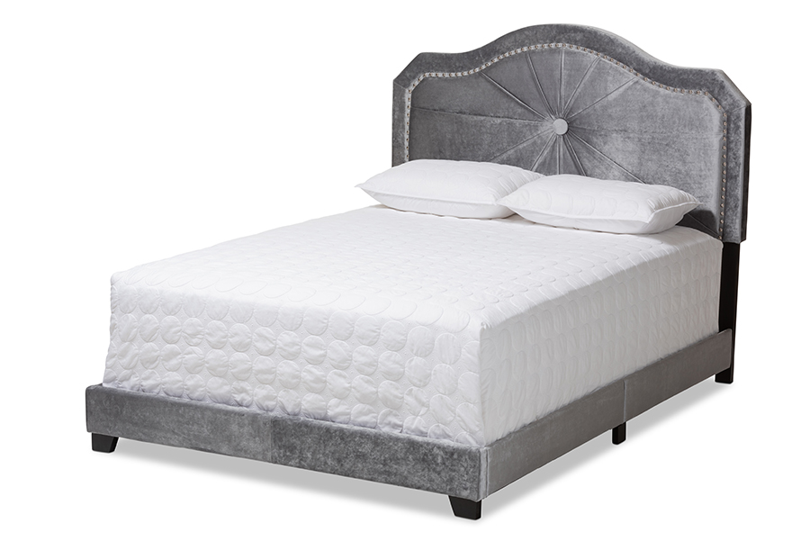 Embla-Grey-Queen Queen Size Embla Modern & Contemporary Grey Velvet Fabric Upholstered Bed