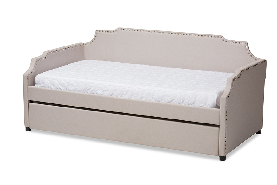 Ally-Beige-Daybed Ally Modern & Contemporary Beige Fabric Upholstered Twin Size Sofa Daybed with Roll Out Trundle Guest Bed -  Baxton Studio, 842507158798